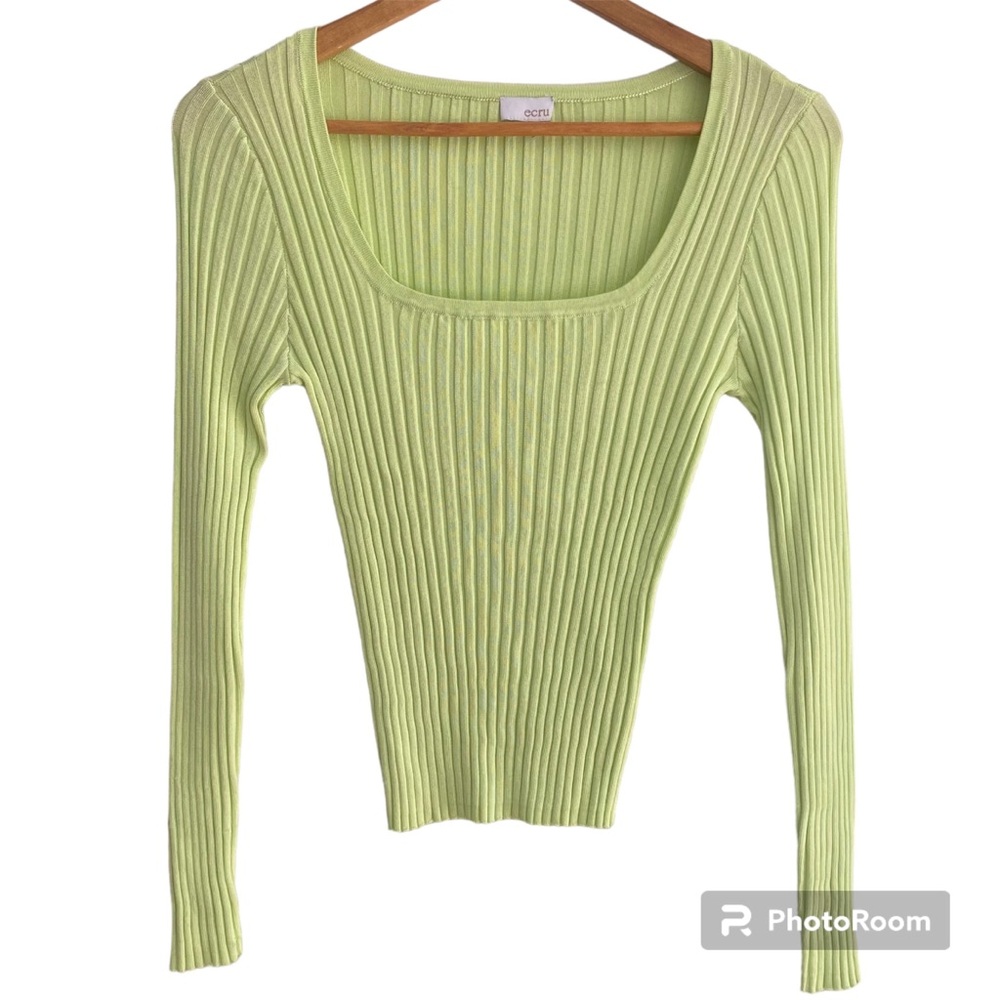 ecru Rib-Knit Square Neck Sweater Size Small Light Lime Green
